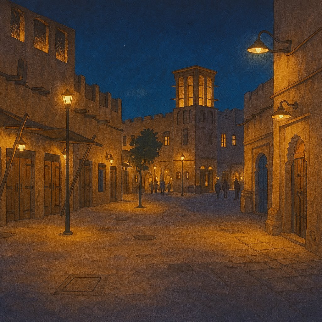 Old Dubai reimagined in the enchanting style of Studio Ghibli through the lens of AI shared by Sheikha Latifa bint Mohammed bin Rashid Al Maktoum, Chairperson of Dubai Culture and Arts Authority 
