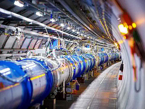 Some of the 1232 dipole magnets that bend the path of accelerated protons are pictured in the Large Hadron Collider (LHC) in a tunnel of the European Organisation for Nuclear Research (CERN), during maintenance works on February 6, 2020 in Echenevex, France, near Geneva. 