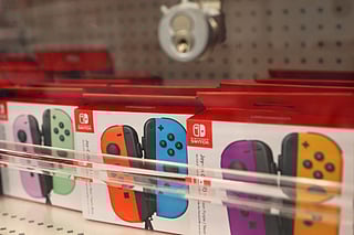 Nintendo Switch remotes are seen at a Target store on April 02, 2025 in the Flatbush neighborhood of the Brooklyn borough in New York City.