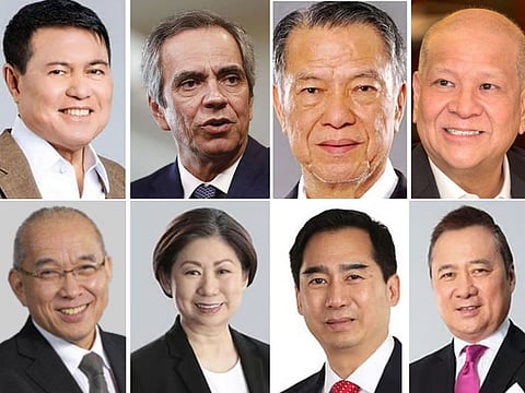 Filipino business tycoons on Forbes' latest roster of billionaires in the Philippines (clockwise from top left): Manny Villar, Enrique Razon, Lucio Tan, Ramon S. Ang, Henry Sy Jr., Harley Sy, Teresita Sy-Coson, and Eusebio Tanco. 