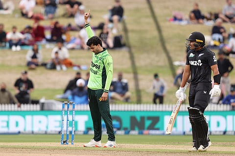 Pakistan's Sufiyan Muqeem celebrates the wicket of New Zealand’s Muhammad Abbas during the second One-Day International (ODI) cricket match at Seddon Park in Hamilton on April 2.