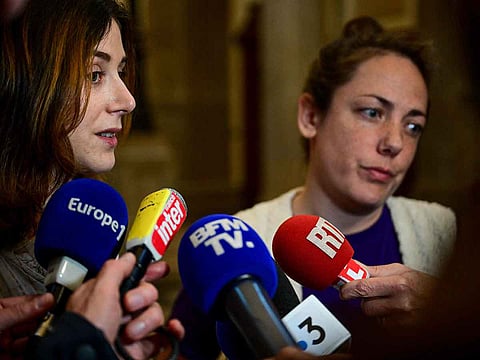 Lawers of the accused Myriam Jaouen, Mailys Leduc (L) and Julia Coppard talk to the press at the Assizes Court of Lyon on April 2, 2025, during the trial of a former employee of a Lyon micro-nursery centre of the "People and Baby" group accused of killing a infant by making it swallow a caustic chemical drain cleaning product. 