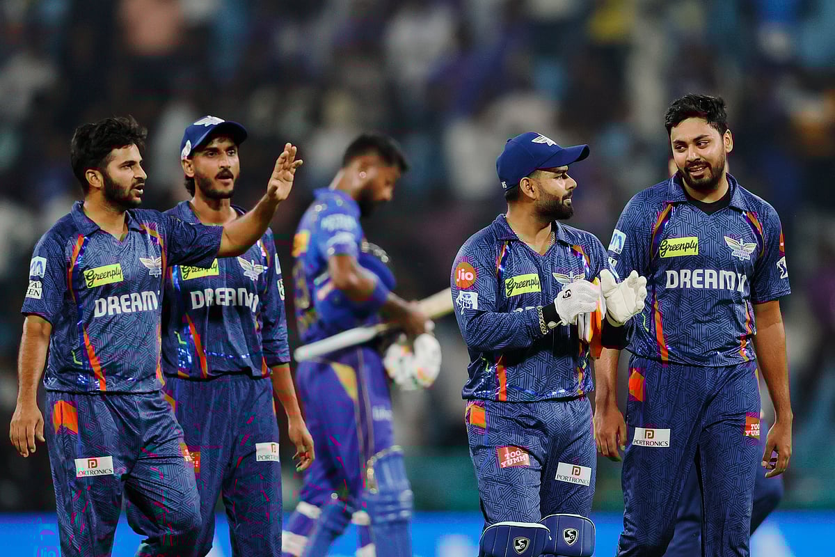 Lucknow Super Giants players celebrate their win over Mumbai Indians in the Indian Premier League Season 18 match in Lucknow on Friday.