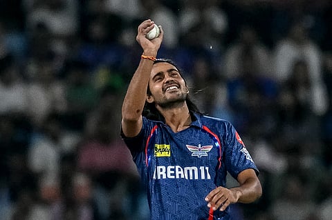 Lucknow Super Giants' Digvesh Rathi gestures during the Indian Premier League (IPL) Twenty20 cricket match against Mumbai Indians at the Ekana Cricket Stadium in Lucknow on April 4.