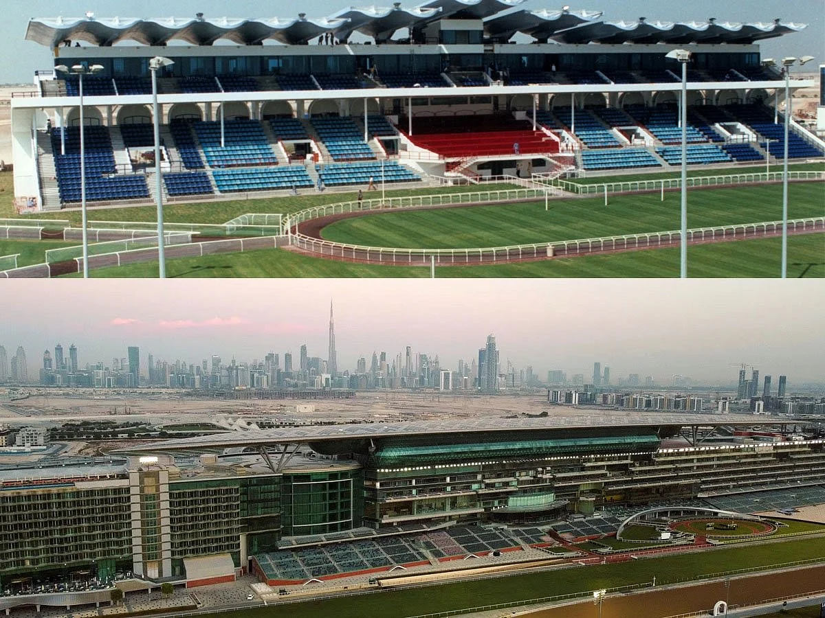 A Journey through Time – Nad Al Sheba in 1993 (top) to Meydan in 2023. Horse racing in Dubai has transformed remarkably from its origins at Nad Al Sheba to the world-renowned spectacle at Meydan. This journey reflects not just the growth of a sport but also the ambition and vision of the emirate to establish itself as a global hub for equestrian excellence.