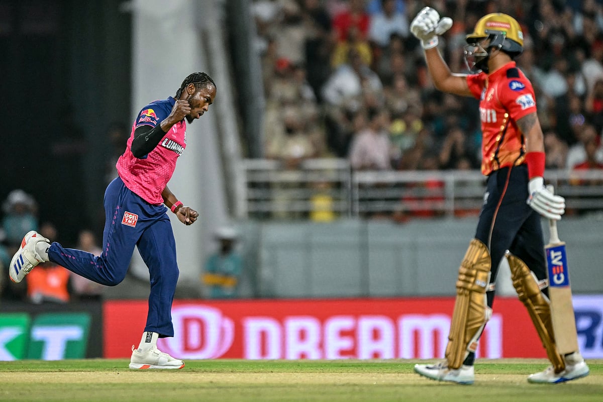 Rajasthan Royals' Jofra Archer celebrates after taking the wicket of Punjab Kings' captain Shreyas Iyer (R) during the Indian Premier League (IPL) Twenty20 cricket match at the Maharaja Yadavindra Singh International Cricket Stadium on the outskirts of Chandigarh on April 5.