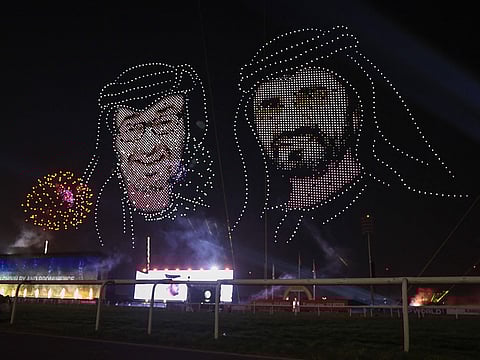The drones formed dynamic 3D sculptures in the sky, displaying massive portraits of President His Highness Sheikh Mohamed bin Zayed Al Nahyan, His Highness Sheikh Mohammed bin Rashid Al Maktoum, Vice President and Prime Minister of the UAE and Ruler of Dubai.