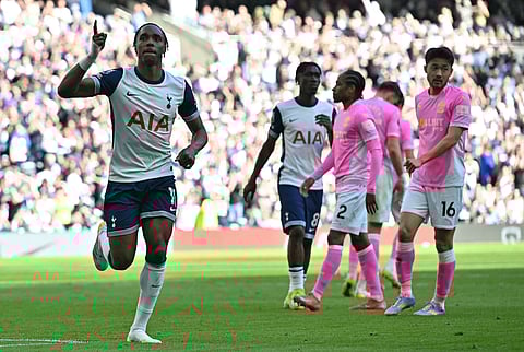 Tottenham Hotspur's French striker Mathys Tel celebrates scoring the team's third goal from the penalty spot during the English Premier League football match against Southampton at the Tottenham Hotspur Stadium in London, on April 6.