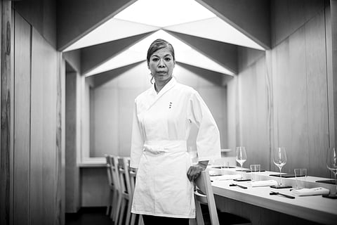 Japan's Chizuko Kimura, the first woman in the world to be awarded a star by the Guide Michelin as a sushi chef at her restaurant Sushi Shunei in Paris.