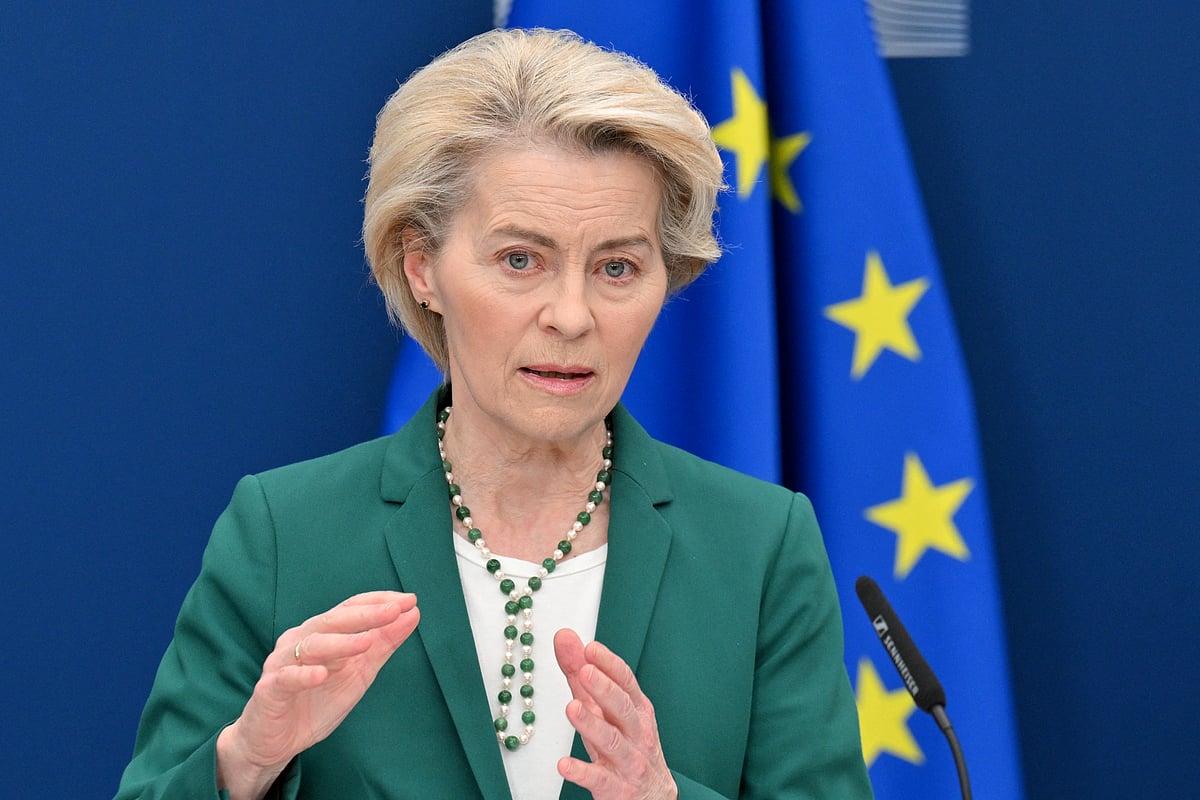 European Commission President Ursula von der Leyen speaks during a press conference at the EU Commission headquarters in Brussels on April 7, 2025.