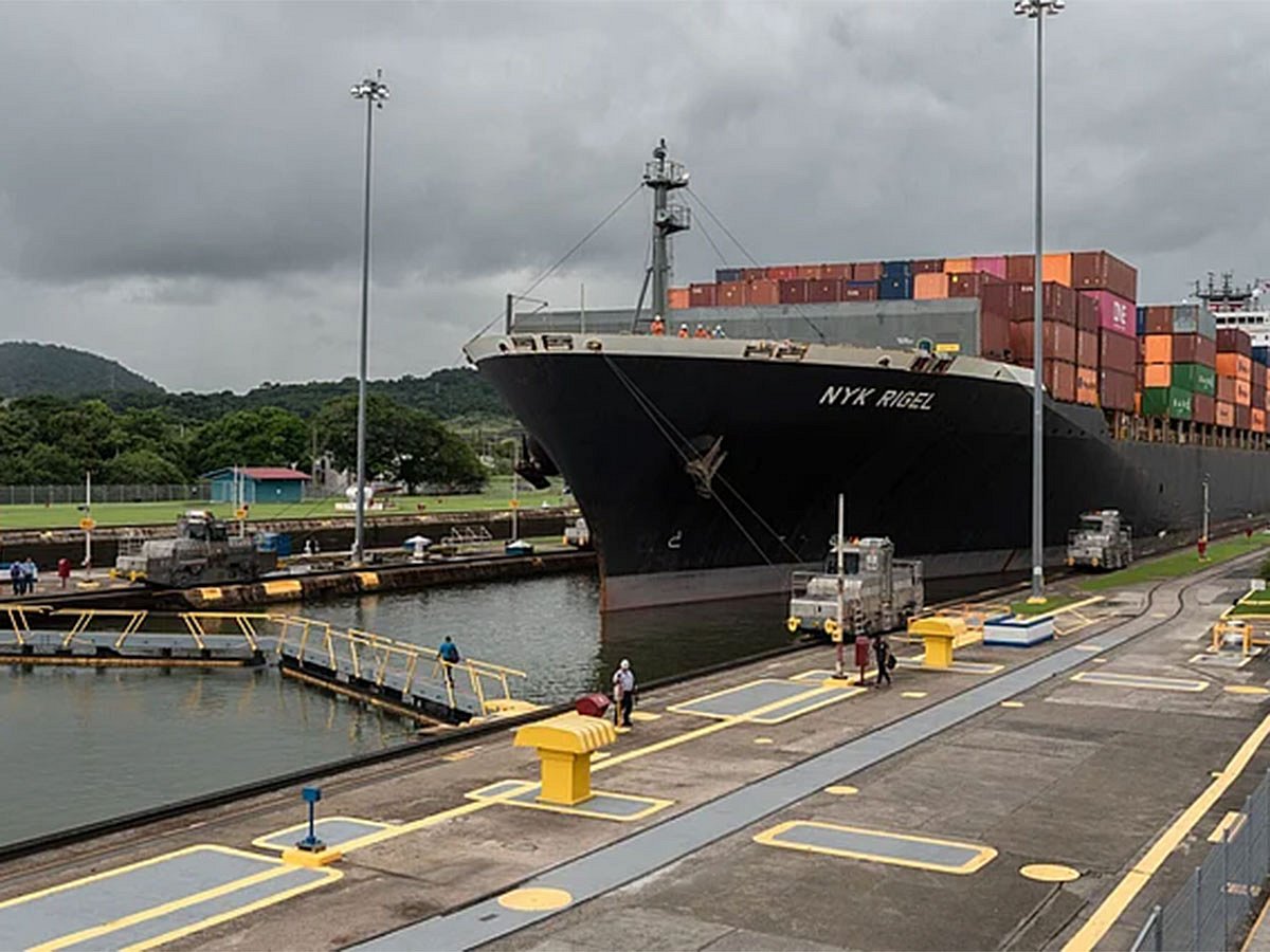 A ship goes through the Panama Canal.