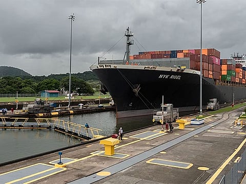 A ship goes through the Panama Canal.