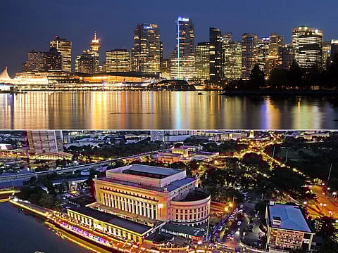 The new direct Vancouver-Manila route was launched on April 1, 2025, serviced by Air Canada Boeing 787 Dreamliners. A night-time view of Vancouver (top) and Manila (bottom).