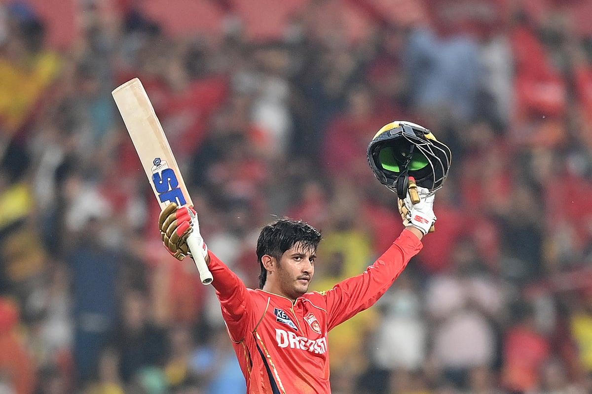 Punjab Kings opener Priyansh Arya celebrates after scoring his century against Chennai Super Kings in the Indian Premier League Season 18 on Tuesday.