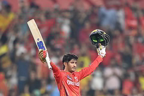 Punjab Kings opener Priyansh Arya celebrates after scoring his century against Chennai Super Kings in the Indian Premier League Season 18 on Tuesday.