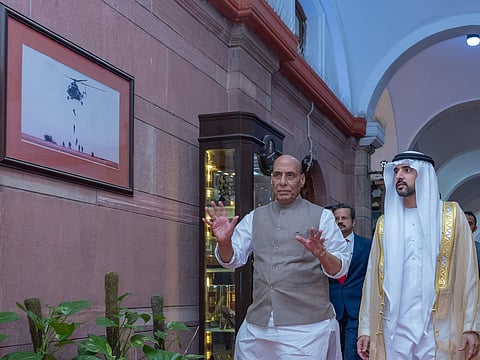 Sheikh Hamdan bin Mohammed bin Rashid Al Maktoum and Rajnath Singh in New Delhi
