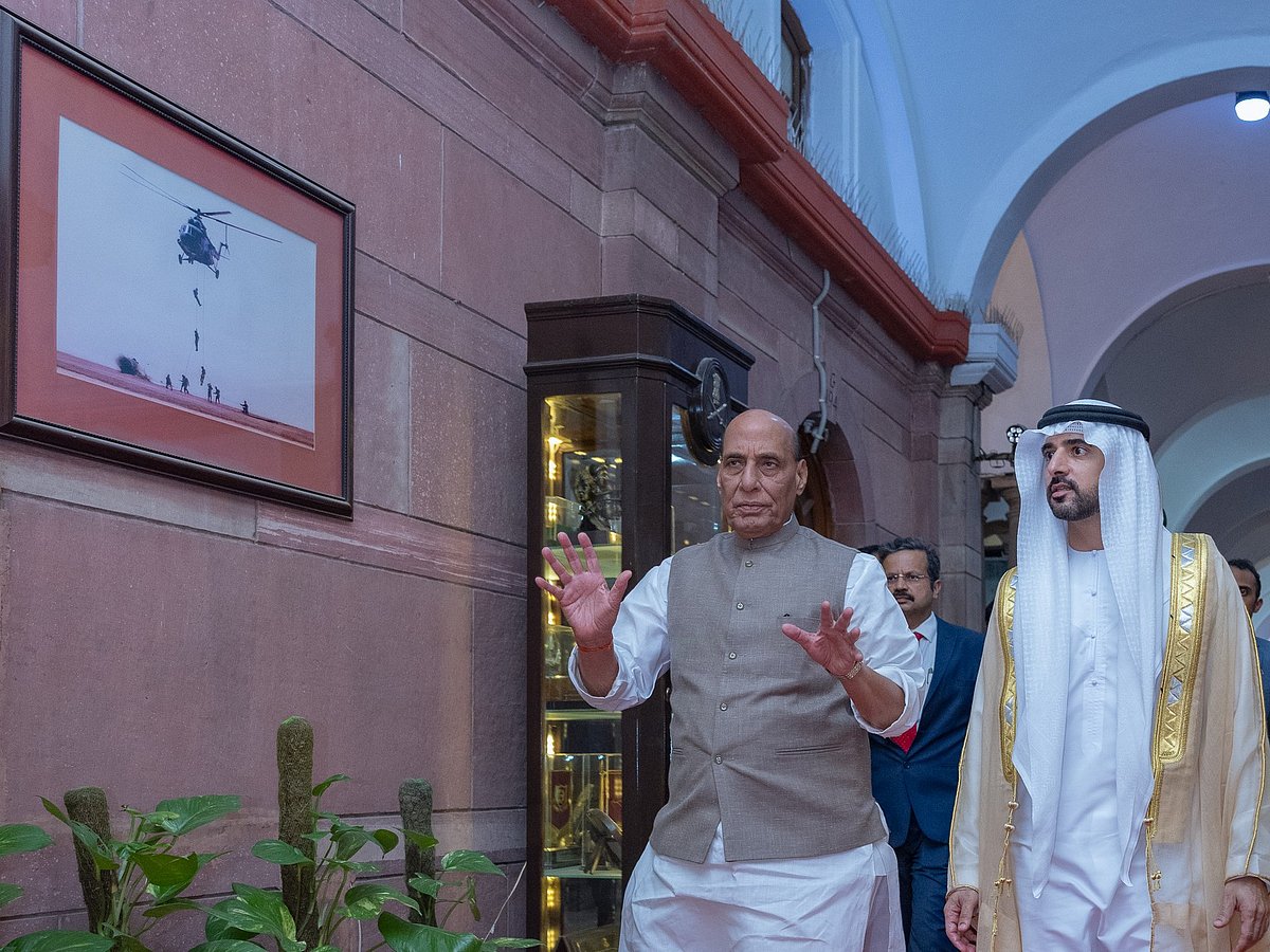 Sheikh Hamdan bin Mohammed bin Rashid Al Maktoum and Rajnath Singh in New Delhi
