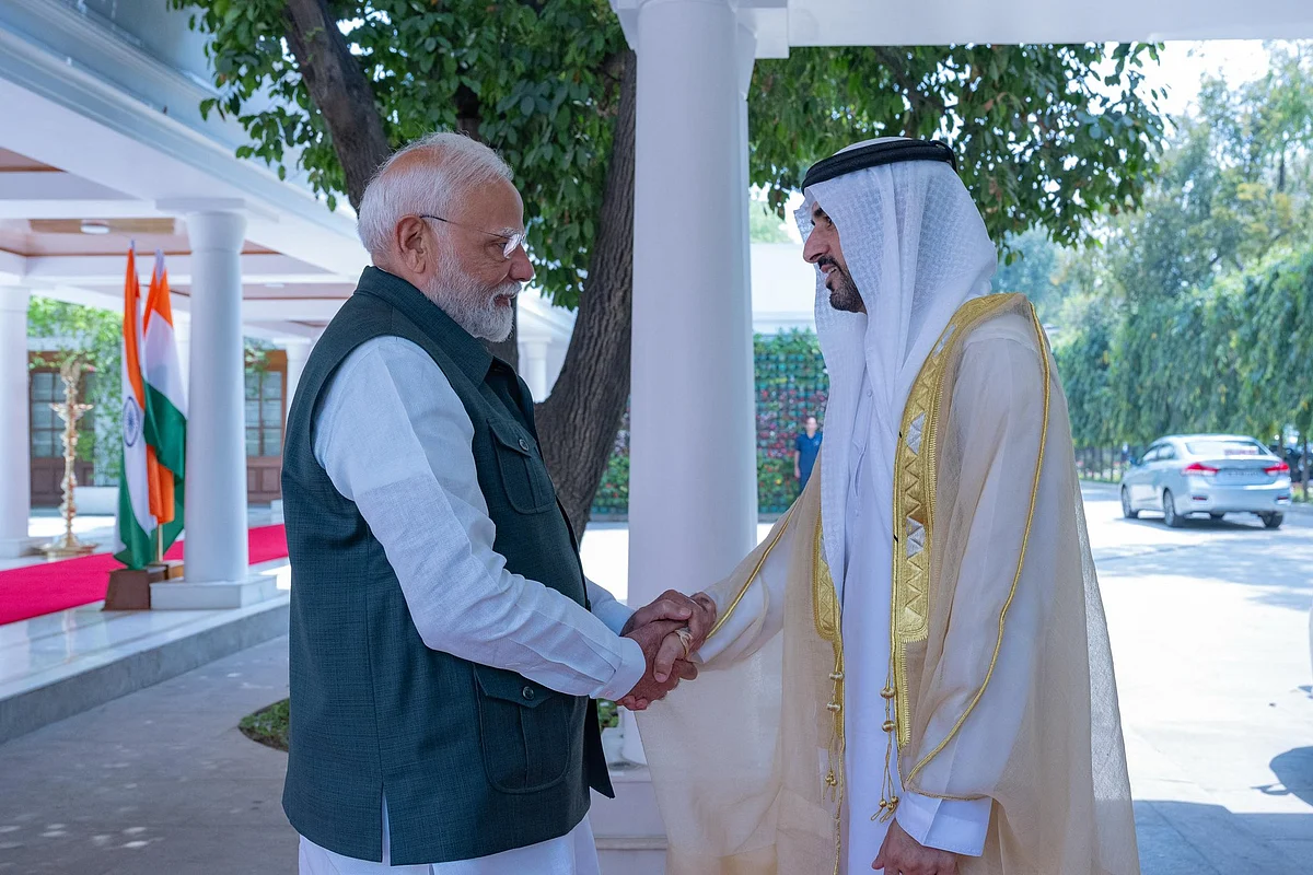 Narendra Modi welcomes Sheikh Hamdan with a firm handshake in New Delhi on Tuesday 