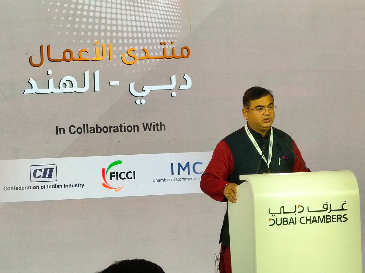 Jaykumar Rawal, the Minister of Marketing and Protocol for the Government of Maharashtra, delivers his address at the Dubai-India Business Forum in Mumbai on Tuesday.