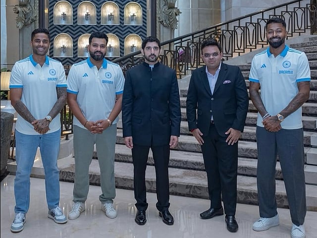 Sheikh Hamdan (centre) with (from left) Suryakumar Yadav, Rohit Sharma, Jay Shah, and Hardik Pandya in Mumbai. 