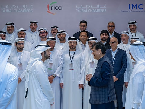 Sheikh Hamdan and Piyush Goyal, India’s Minister of Commerce and Industry, at the event in Mumbai