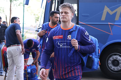Corbin Bosch of Mumbai Indians arrives at the stadium for the Indian Premier League Season 18 match. The South African all-rounder has been banned by PSL for pulling out after selected at the draft.
