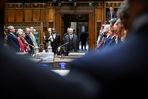 Speaker of the House of Commons Lindsay Hoyle arriving for a special Saturday session as the government seeks to pass emergency legislation to save the British Steel company from closing dowing, in the House of Commons, in London, on April 12, 2025.
