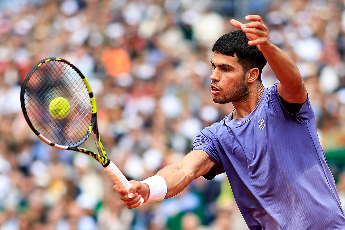 Spain's Carlos Alcaraz plays a backhand return to Spain's Alejandro Davidovich Fokina during the Monte Carlo ATP Masters Series Tournament semi-final tennis match.