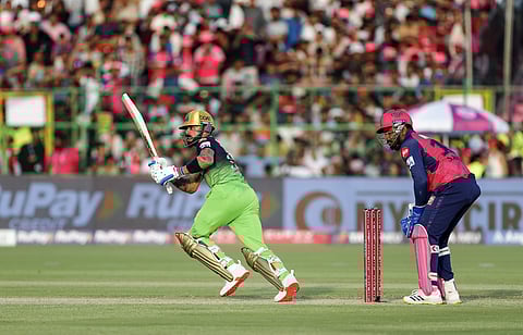 Royal Challengers Bengaluru's Virat Kohli in action during the Indian Premier League (IPL) 2025 match against Rajasthan Royals, at Sawai Mansingh Stadium, in Jaipur on Sunday.