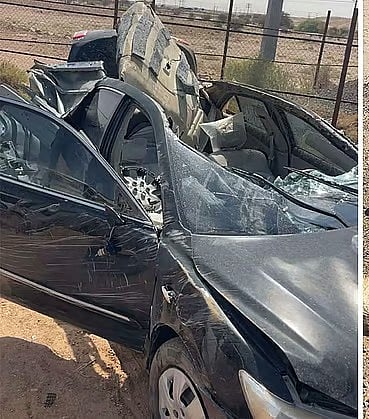 The car that rammed into a stray camel in Saudi Arabia was badly damaged.