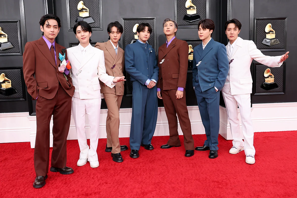 V, Suga, Jin, Jungkook, RM, Jimin and J-Hope of BTS at the 64th Annual GRAMMY Awards at MGM Grand Garden Arena on April 03, 2022 in Las Vegas, Nevada.
