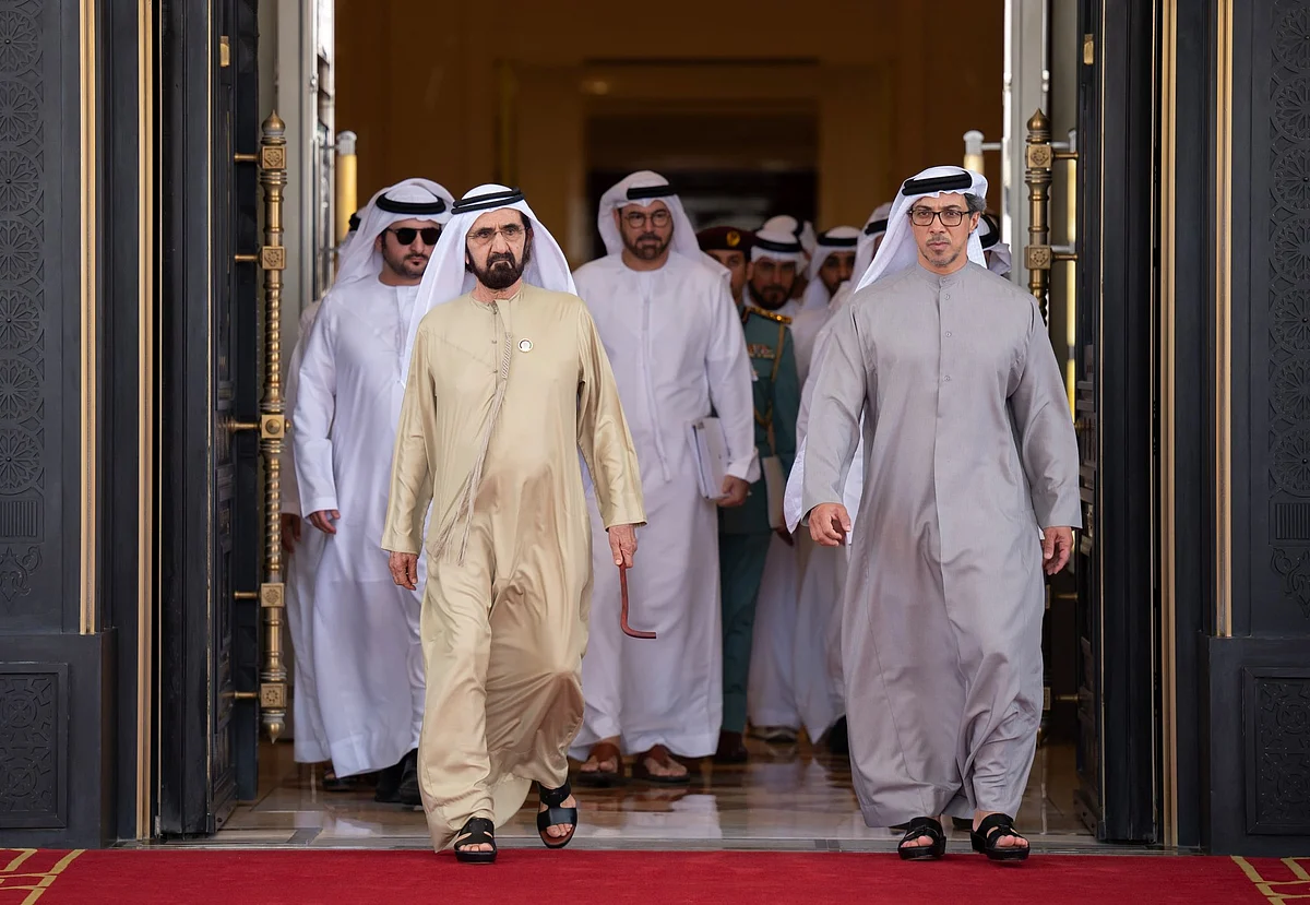 His Highness Sheikh Mohammed bin Rashid Al Maktoum, Vice President and Prime Minister of the UAE and Ruler of Dubai,  Sheikh Mansour bin Zayed Al Nahyan, Vice President, Deputy Prime Minister and Chairman of the Presidential Court; and Sheikh Maktoum bin Mohammed bin Rashid Al Maktoum, First Deputy Ruler of Dubai, Deputy Prime Minister and Minister of Finance of the UAE during the cabinet meeting on Monday, April 14. 
