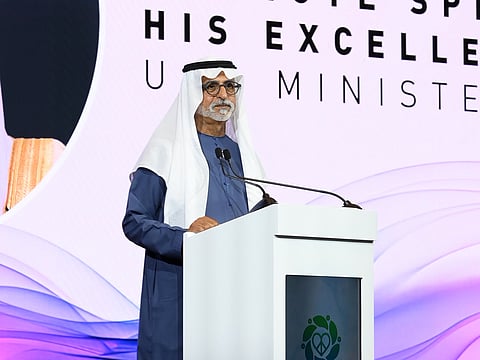 Nahayan Mabarak Al Nahayan, Minister of Tolerance and Co-existence, delivering speech at the Peace Summit in Dubai