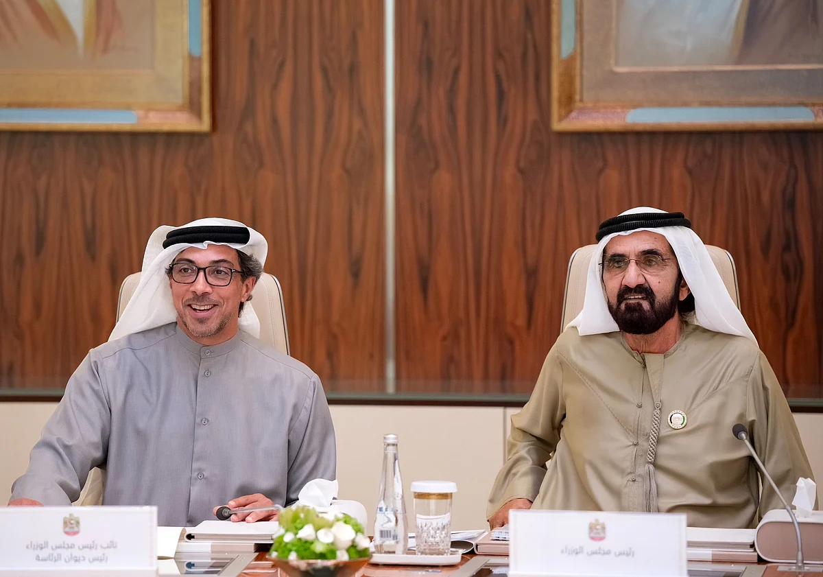 His Highness Sheikh Mohammed bin Rashid Al Maktoum, Vice President and Prime Minister of the UAE and Ruler of Dubai,  Sheikh Mansour bin Zayed Al Nahyan, Vice President, Deputy Prime Minister and Chairman of the Presidential Court; and Sheikh Maktoum bin Mohammed bin Rashid Al Maktoum, First Deputy Ruler of Dubai, Deputy Prime Minister and Minister of Finance of the UAE during the cabinet meeting on Monday, April 14. 