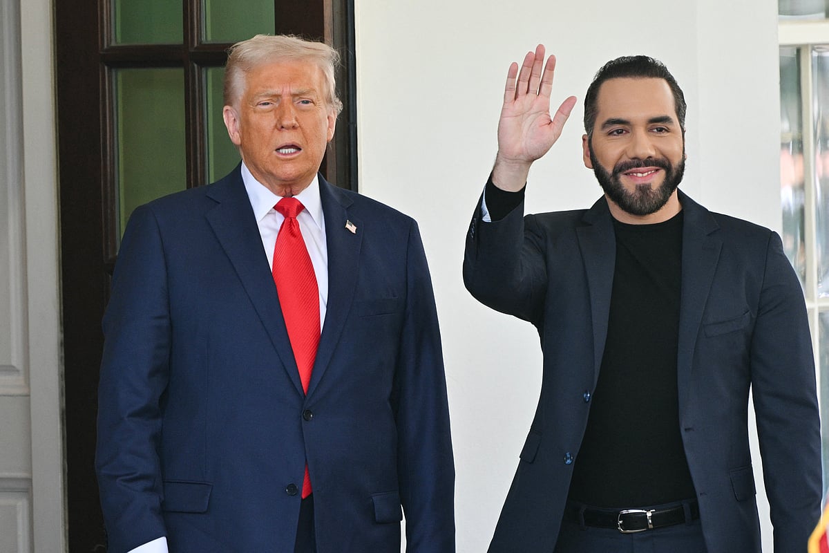 US President Donald Trump welcomes El Salvador's President Nayib Bukele upon arrival at the White House in Washington, DC, April 14, 2025.