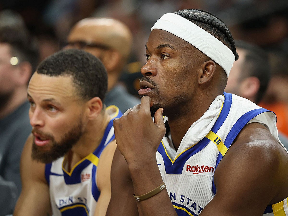 Jimmy Butler III #10 and Stephen Curry #30 of the Golden State Warriors.