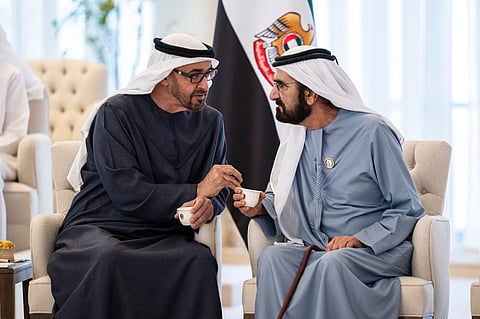 UAE President His Highness Sheikh Mohamed bin Zayed Al Nahyan and His Highness Sheikh Mohammed bin Rashid Al Maktoum, Vice President, Prime Minister of the UAE and Ruler of Dubai.