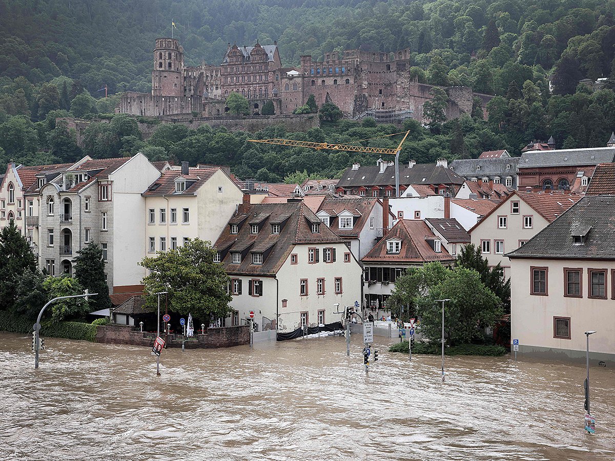 The historic part of Heidelberg is flooded during high water of the Neckar river in Heidelberg, southwestern Germany on June 3, 2024. 