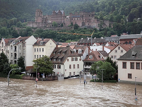 The historic part of Heidelberg is flooded during high water of the Neckar river in Heidelberg, southwestern Germany on June 3, 2024. 