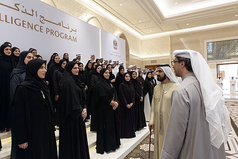 Sheikh Mohammed bin Rashid Al Maktoum and Sheikh Mansour bin Zayed Al Nahyan during the graduation ceremony of the Federal AI programme. 