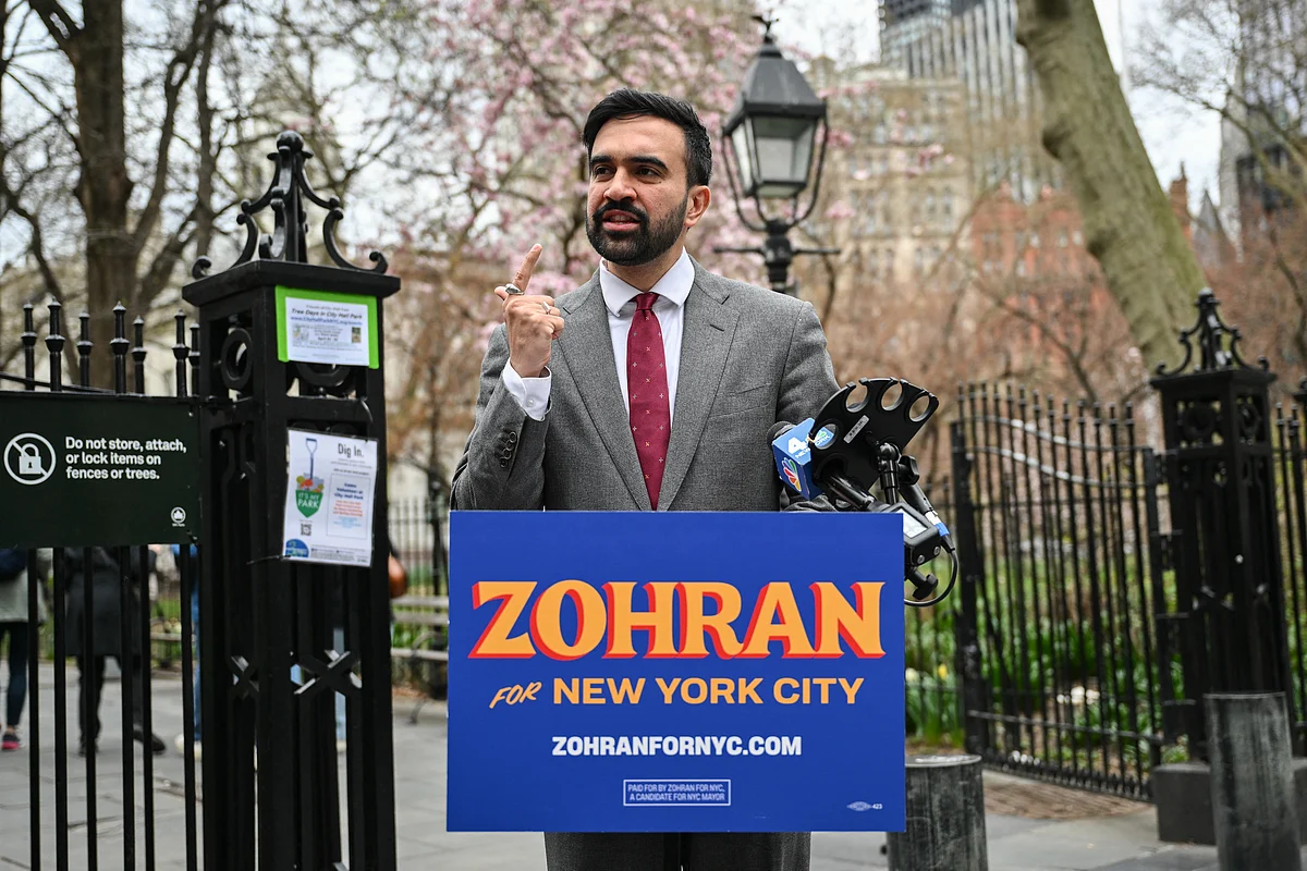 New York City mayoral candidate and Democratic State Representative Zohran Mamdani campaigns in New York City on April 16, 2025.