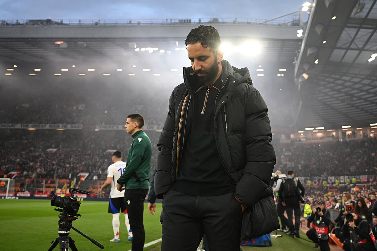 Manchester United's Portuguese head coach Ruben Amorim arrives ahead of kick-off in the UEFA Europa league quarter-final final, second leg football match between Manchester United and Lyon at Old Trafford stadium in Manchester, north west England, on April 17, 2025.