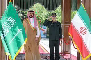 Iran's Armed Forces Chief of Staff Major-General Mohammed Bagheri receiving Saudi Arabia's Defence Minister Prince Khalid bin Salman in Tehran on April 17, 2025. Saudi Arabia has informed Iran it will not allow its airspace or territory to be used to attack it