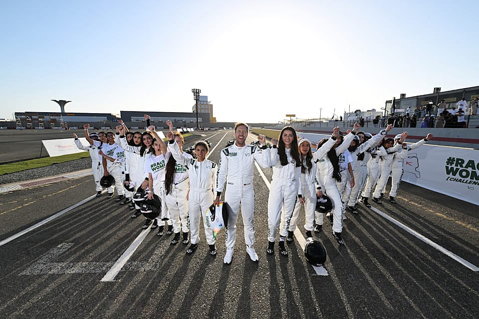 Four-time champion Sebastian Vettel with the Saudi women karters during the Race4Women event in Jeddah earlier this week. 