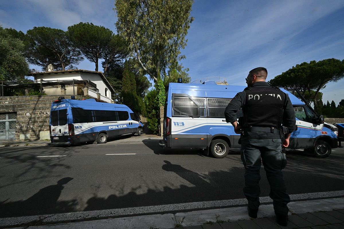 Policemen take position near the Omani embassy in Rome where a second round of nuclear talks between Iran and the United States will be held on April 19, 2025.