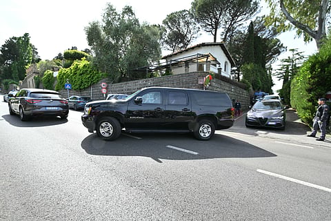 Vehicles of the US delegation leave the Omani embassy in Rome after a second round of nuclear talks between Iran and the United States on April 19, 2025.