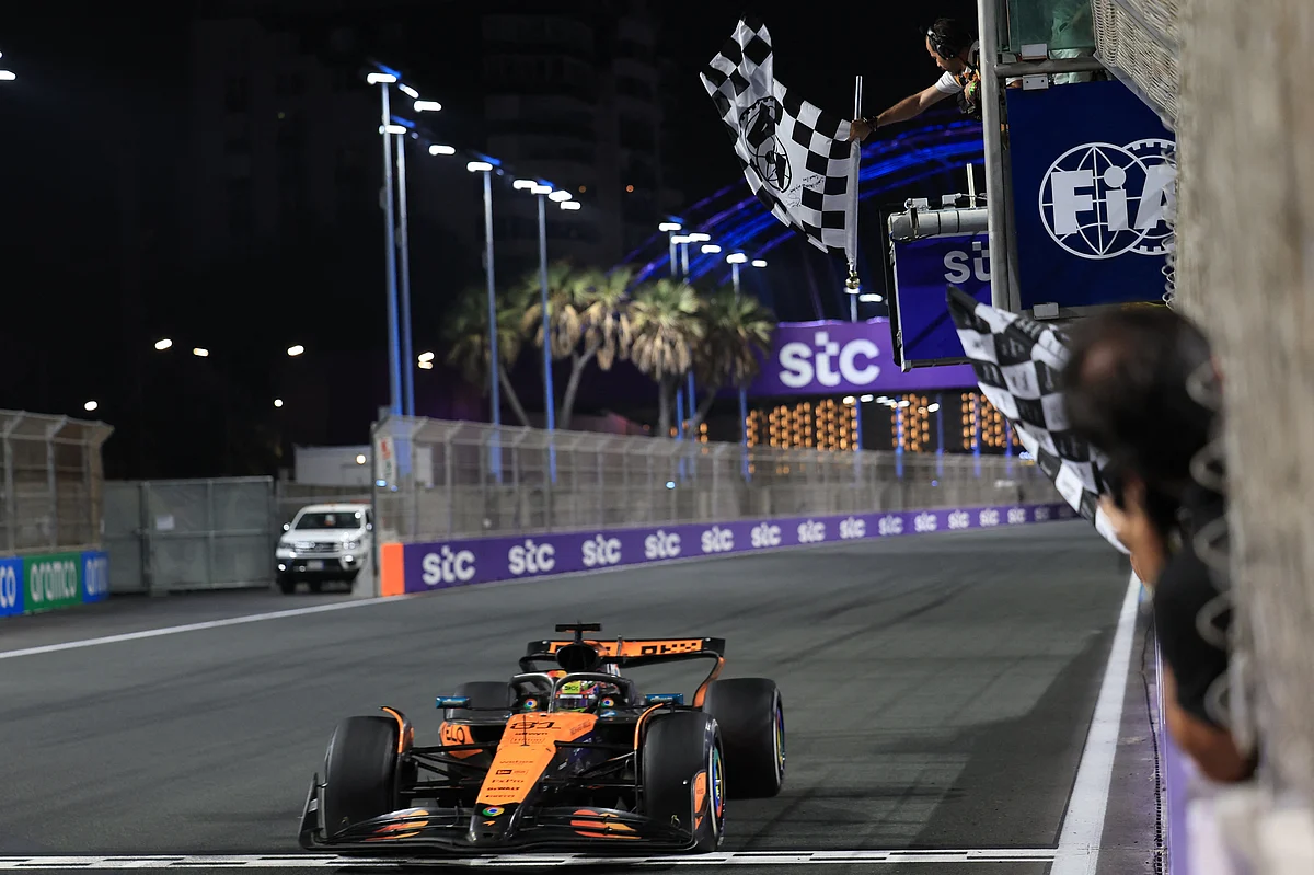 McLaren's Australian driver Oscar Piastri crosses the finish line to win the 2025 Saudi Arabia Formula One Grand Prix at the Jeddah Corniche Circuit on April 20..