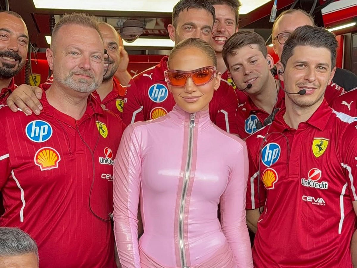 JLo's outfit appeared to mimic the uniform of an F1 racer.