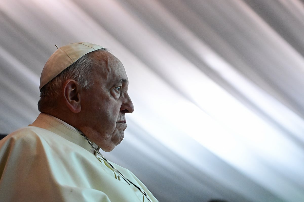 Pope Francis looks on during a meeting with internally displaced persons at the Freedom Hall in Juba, South Sudan, on February 4, 2023.