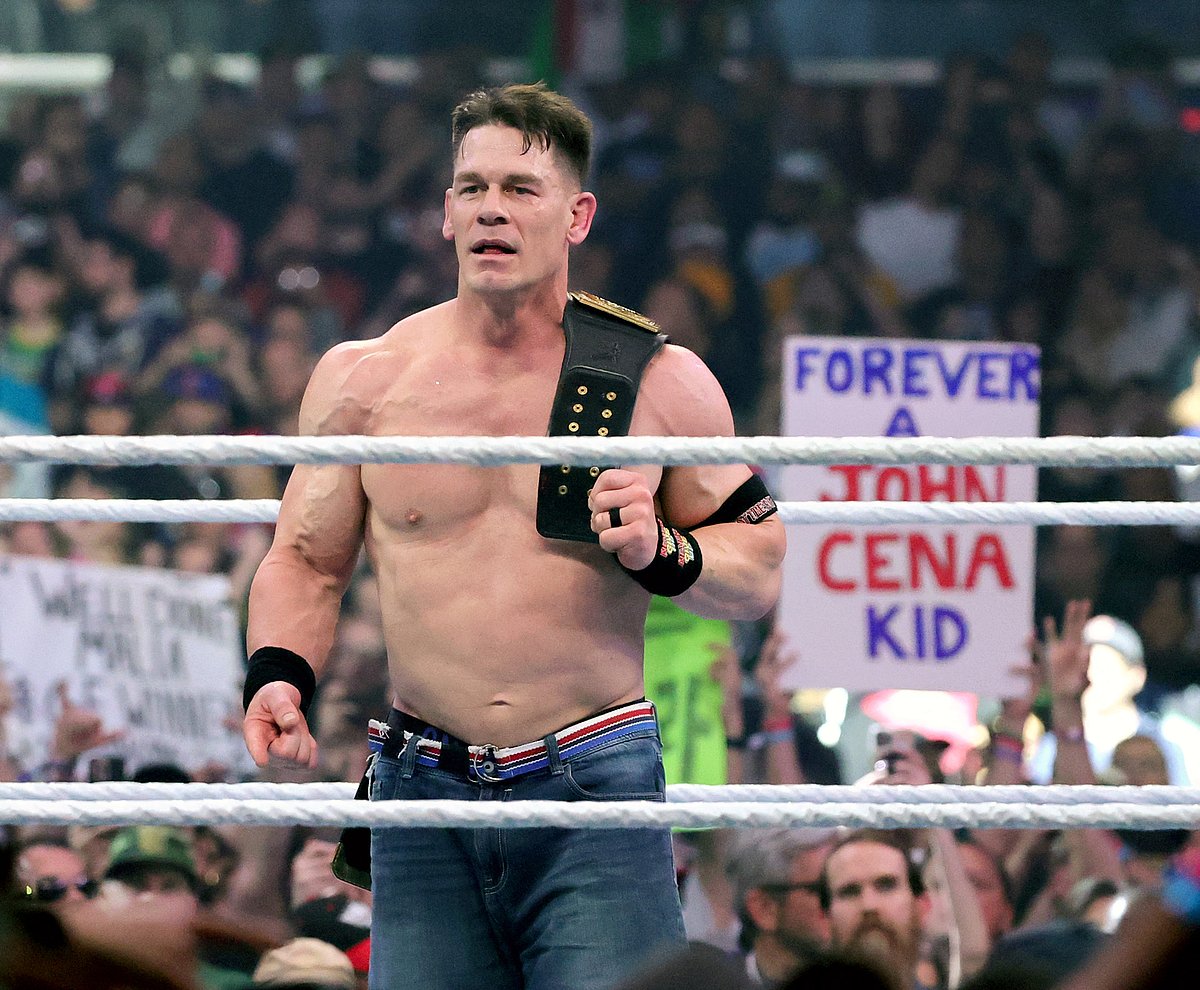 John Cena celebrates after his victory over Cody Rhodes to win the Undisputed WWE Championship during WrestleMania 41 at Allegiant Stadium on April 20, 2025 in Las Vegas, Nevada.
